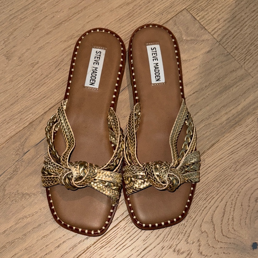Steve Madden Metallic Gold Braided Knot Slide Sandals
